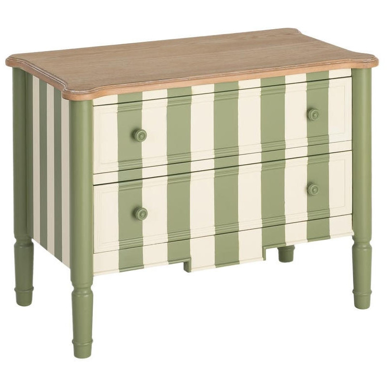Commode 2 tiroirs bois rayée vert crème 80x45x60 cm Sarnelle Ixia - 1