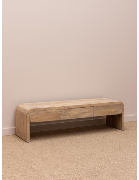 Meuble TV bois clair manguier 3 tiroirs 160 cm Losail  - 3