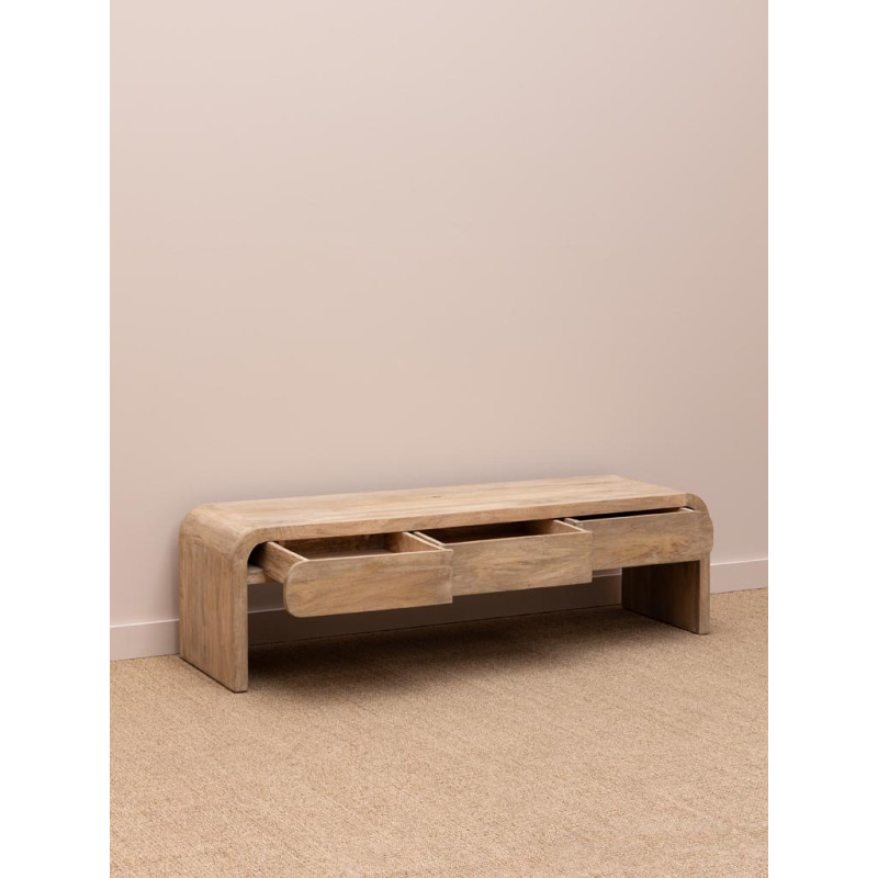 Meuble TV bois clair manguier 3 tiroirs 160 cm Losail  - 4