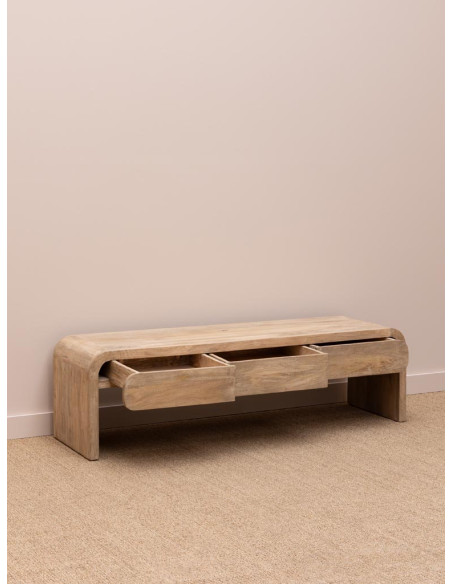 Meuble TV bois clair manguier 3 tiroirs 160 cm Losail  - 4