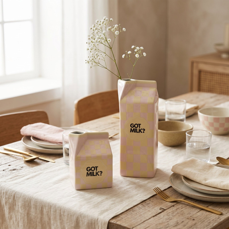 Vase brique de lait en dolomite rose jaune 13,5 cm Got Milk? Housevitamin - 2