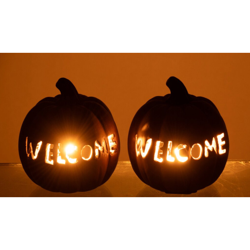 Lot de 2 photophores citrouilles Halloween céramique 12 cm Samharia J-Line - 4