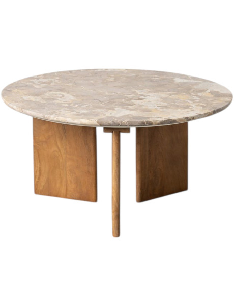 Table basse ronde pierre naturelle beige et bois de manguier 80x80x40 cm Alviza Ixia - 1