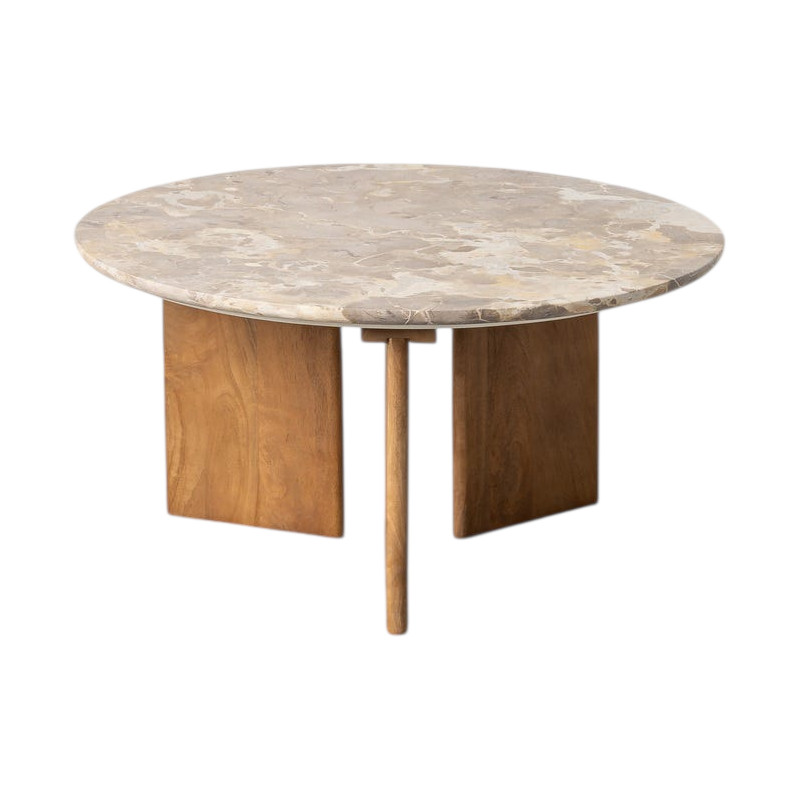 Table basse ronde pierre naturelle beige et bois de manguier 80x80x40 cm Alviza Ixia - 1
