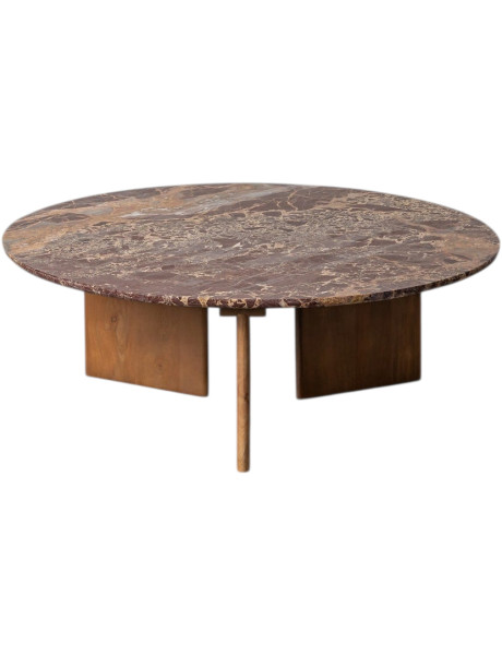Table basse ronde pierre naturelle bordeaux et bois de manguier 100x100x35 cm Alviza Ixia - 1