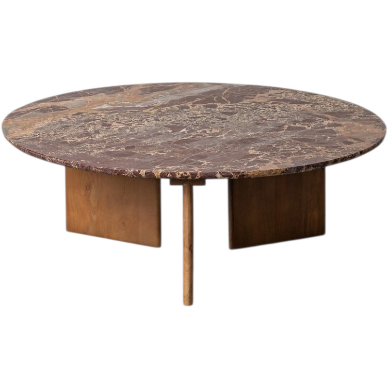 Table basse ronde pierre naturelle bordeaux et bois de manguier 100x100x35 cm Alviza Ixia - 1