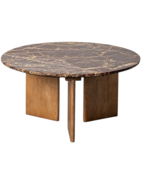 Table basse ronde pierre naturelle bordeaux et bois de manguier 80x80x40 cm Alviza Ixia - 1