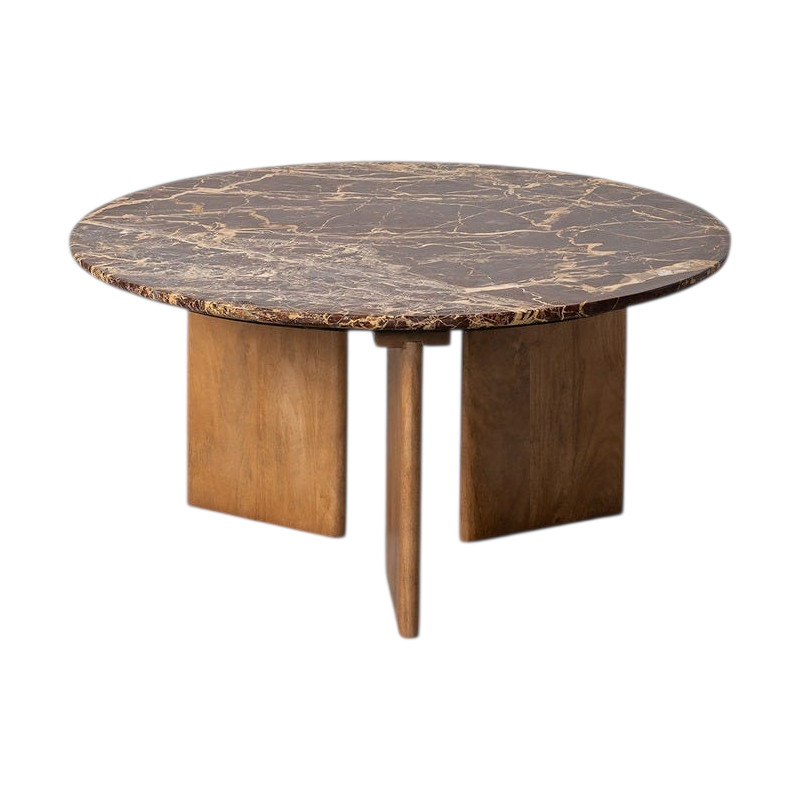 Table basse ronde pierre naturelle bordeaux et bois de manguier 80x80x40 cm Alviza Ixia - 1