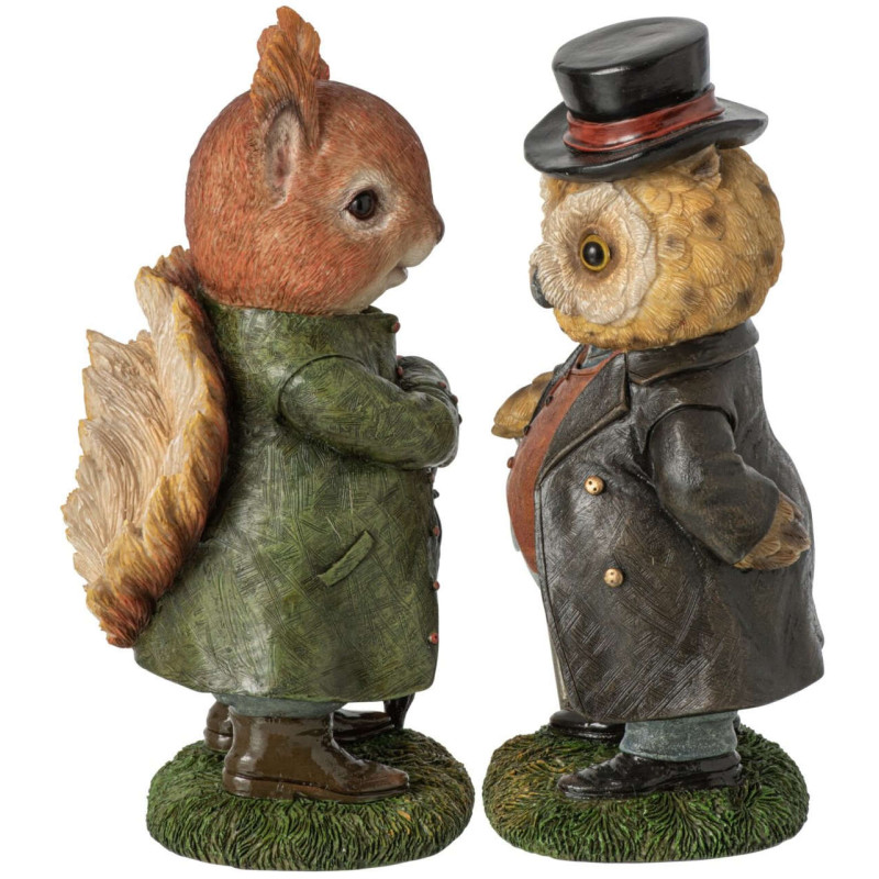 Lot de 2 statuettes Écureuil Hibou brun vert résine 23,5 cm Vyrena J-Line - 2