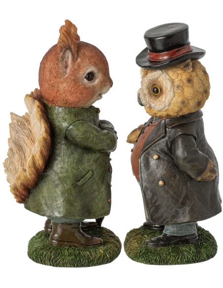 Lot de 2 statuettes Écureuil Hibou brun vert résine 23,5 cm Vyrena J-Line - 2