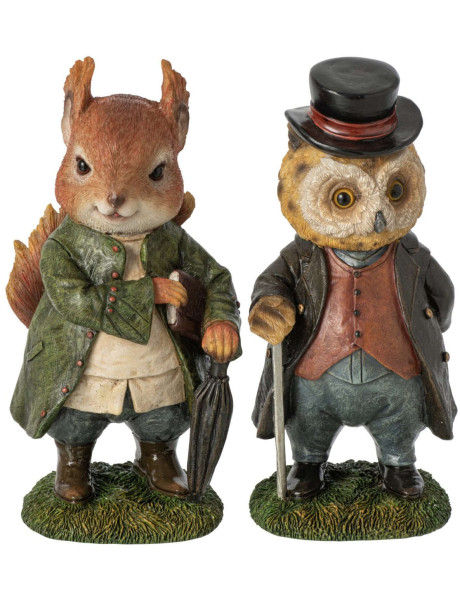 Lot de 2 statuettes Écureuil Hibou brun vert résine 23,5 cm Vyrena J-Line - 1