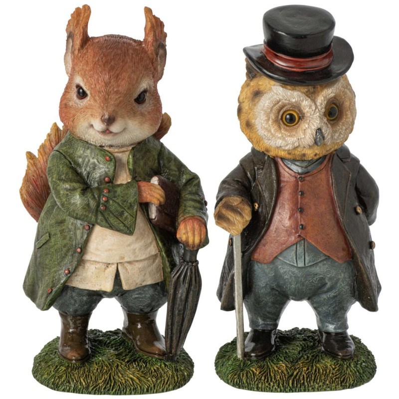 Lot de 2 statuettes Écureuil Hibou brun vert résine 23,5 cm Vyrena J-Line - 1