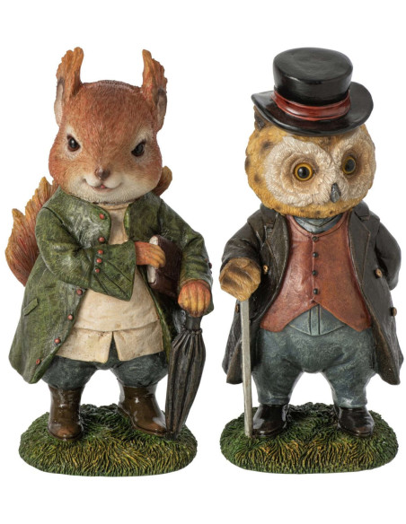 Lot de 2 statuettes Écureuil Hibou brun vert résine 23,5 cm Vyrena J-Line - 1