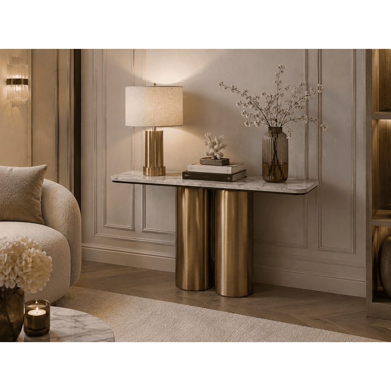 Console d’entrée marbre gris dorée 140 cm Byrely  - 8
