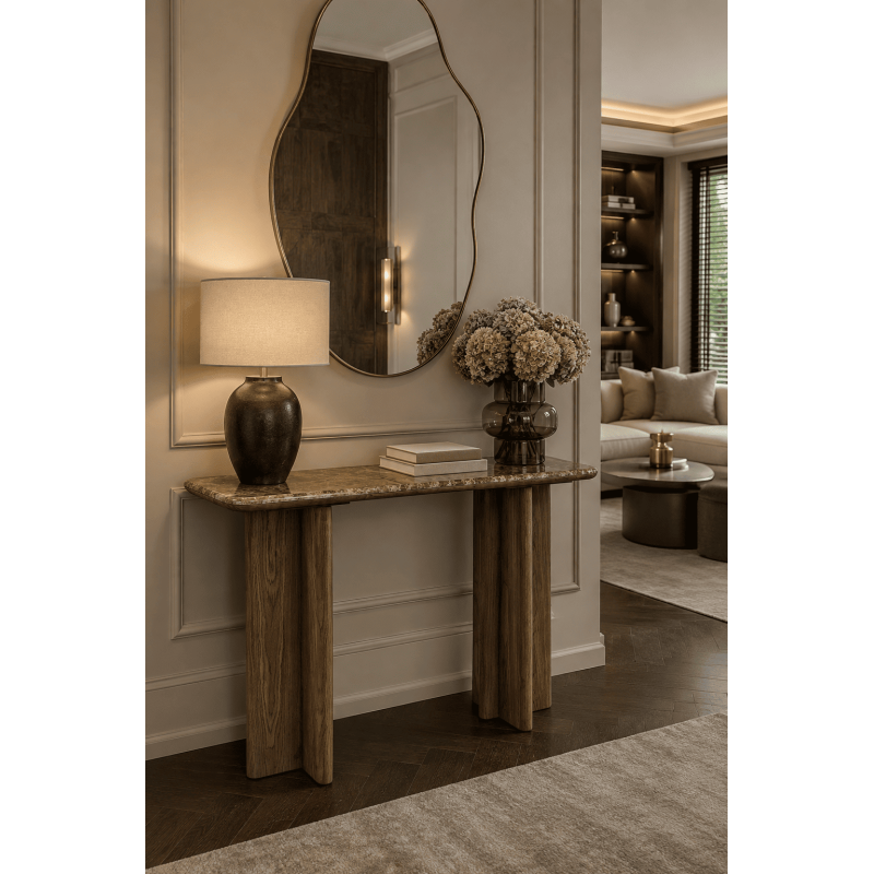 Console d’entrée en marbre brun et bois naturel 120 cm Kivyna  - 2