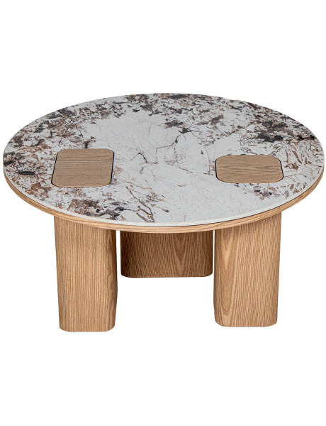 Table basse ronde céramique effet marbre et bois Ø80x41 cm Azyeni  - 1