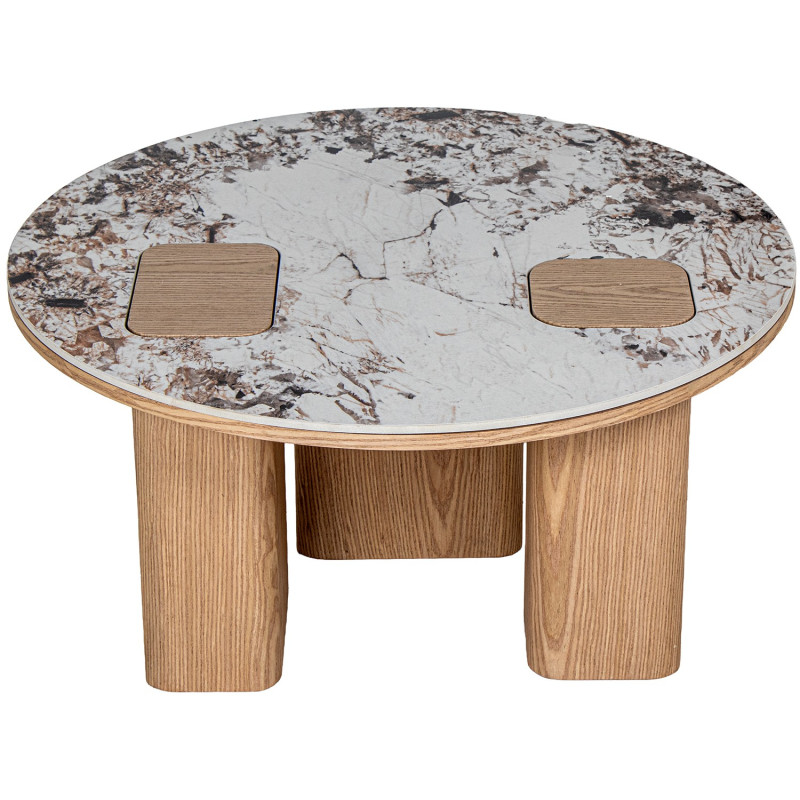 Table basse ronde céramique effet marbre et bois Ø80x41 cm Azyeni  - 1