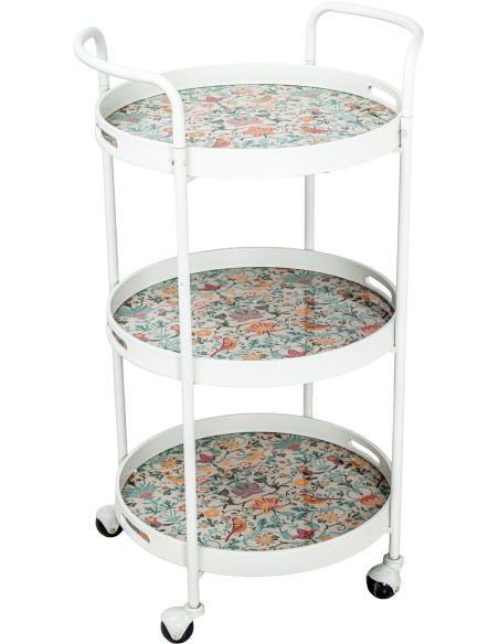 Desserte roulante blanche 3 plateaux amovibles motif fleurs 50x44,6x87,5 cm Gylysa