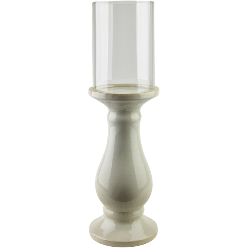 Photophore haut beige céramique émaillée et verre 19,5x19,5x70 cm Cyrora  - 1