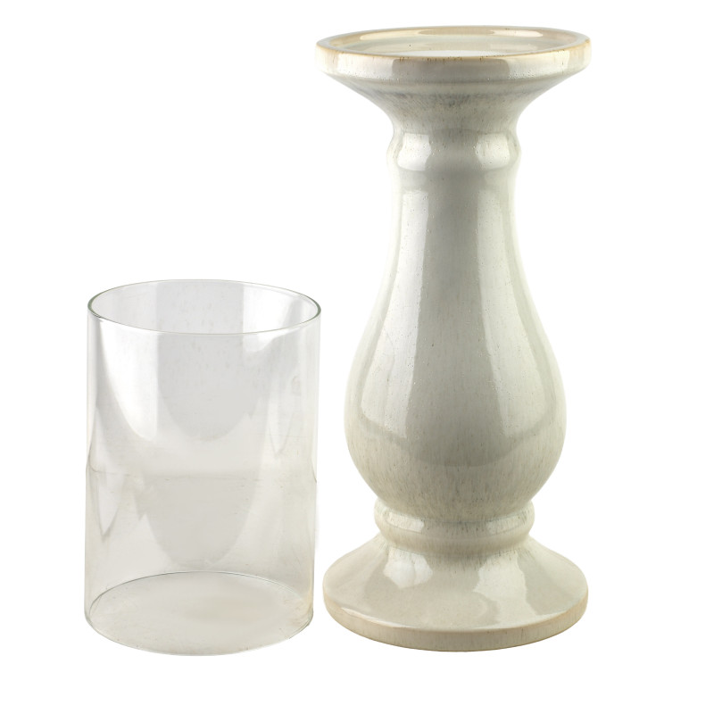 Photophore haut beige céramique émaillée et verre 19,5x19,5x70 cm Cyrora  - 2