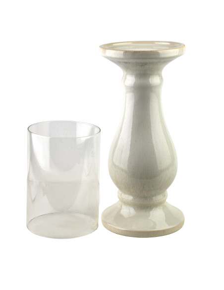 Photophore haut beige céramique émaillée et verre 19,5x19,5x70 cm Cyrora  - 2