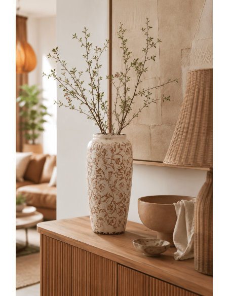 Vase céramique beige fleuri 17,5x17,5x37 cm Vyrara