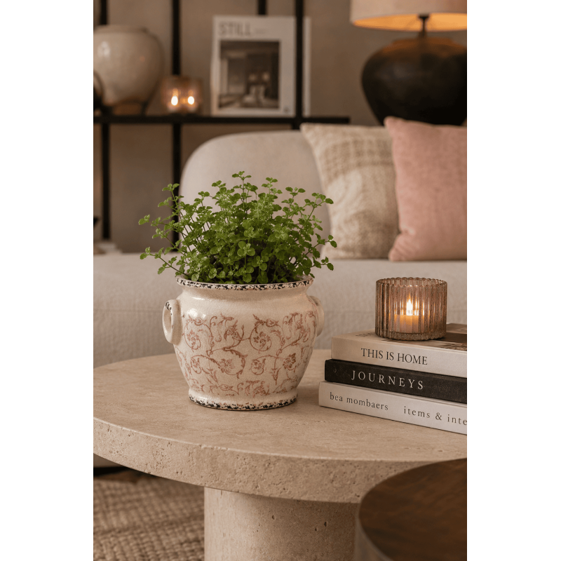 Cache-pot céramique beige fleuri 18,5x18,5x15,5 cm Vyrara  - 2