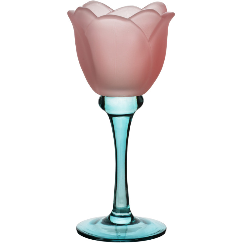 Photophore fleur en verre rose et bleu 8x8x19 cm Aevavi  - 1
