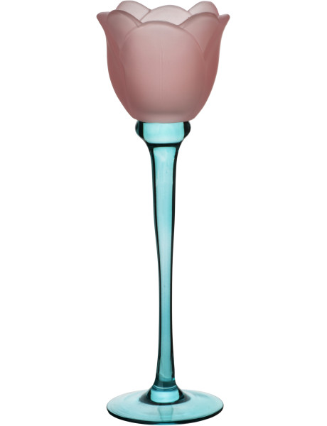 Photophore fleur sur pied verre rose et bleu 8x8x27 cm Aevavi  - 1