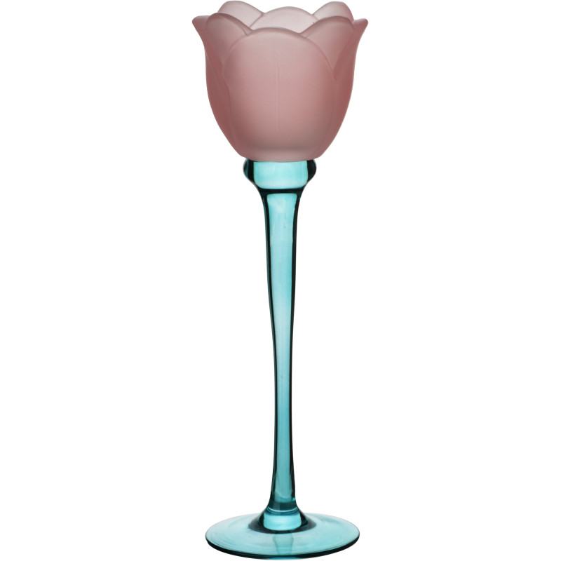 Photophore fleur sur pied verre rose et bleu 8x8x27 cm Aevavi  - 1