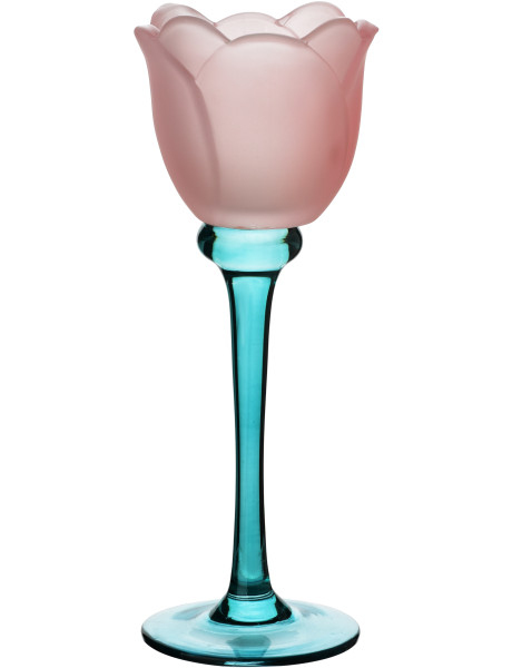 Photophore fleur en verre rose et bleu 8x8x22 cm Aevavi  - 1