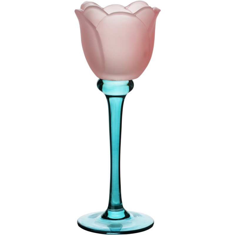 Photophore fleur en verre rose et bleu 8x8x22 cm Aevavi  - 1