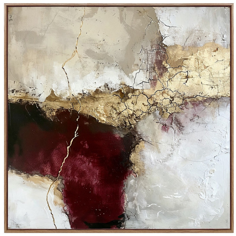 Tableau abstrait toile encadrée beige bordeaux doré 80x80 cm Xivune  - 1