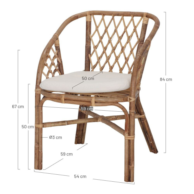 Fauteuil en rotin naturel brun miel avec coussin blanc 59x67x84 cm Loriva  - 6