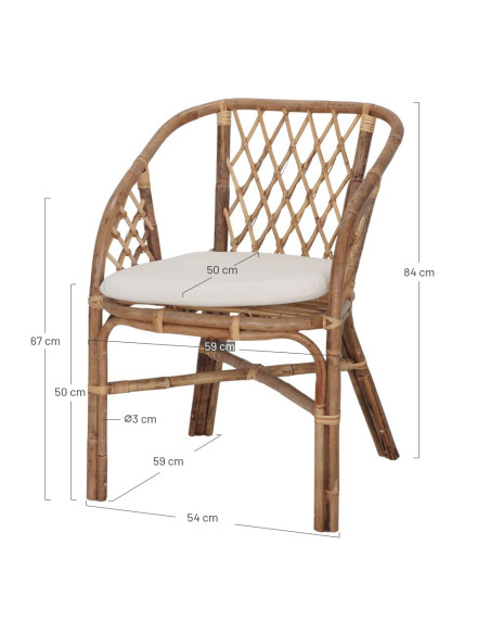 Fauteuil en rotin naturel brun miel avec coussin blanc 59x67x84 cm Loriva  - 6