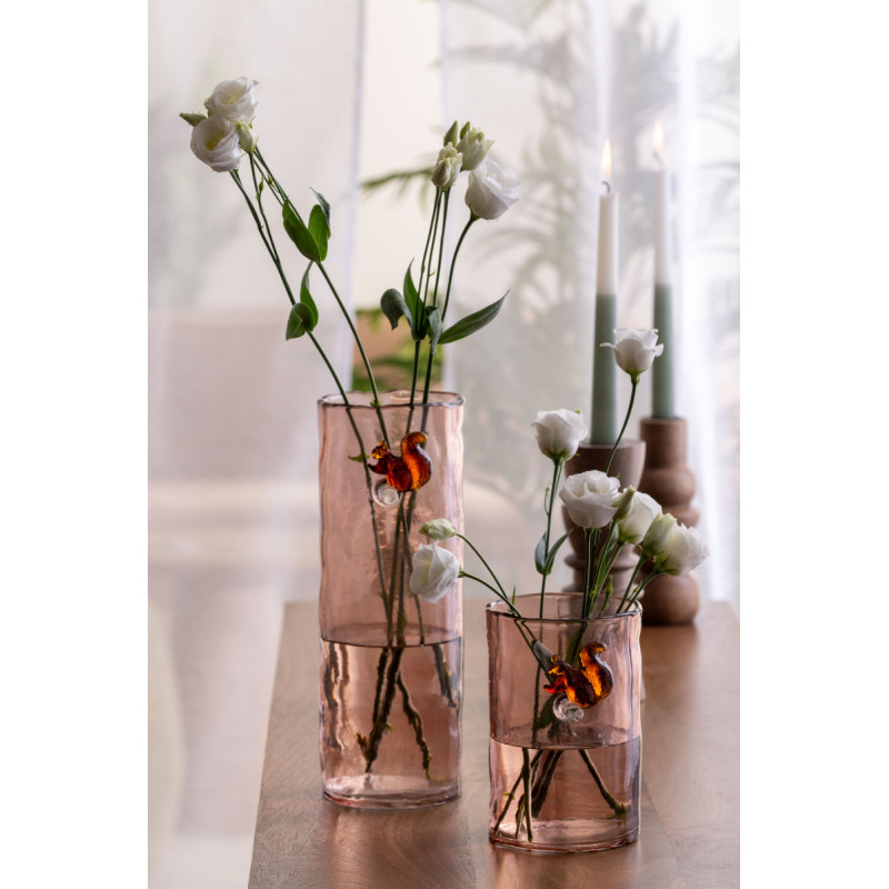 Vase en verre rose poudré écureuil 15 cm Squirrel On Branch Present Time - 2