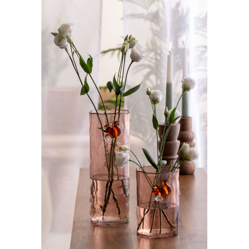 Vase haut en verre rose poudré écureuil 27 cm Squirrel On Branch Present Time - 2