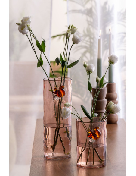 Vase haut en verre rose poudré écureuil 27 cm Squirrel On Branch Present Time - 2