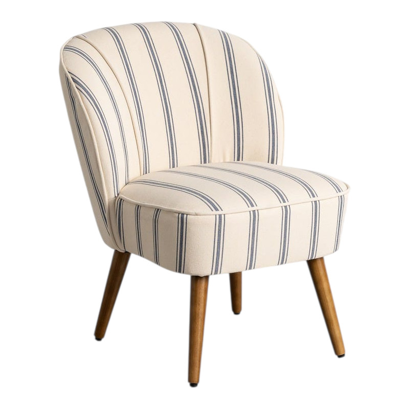 Fauteuil d’appoint rayé bleu écru pieds hévéa 54x64x73 cm Darilo Ixia - 1