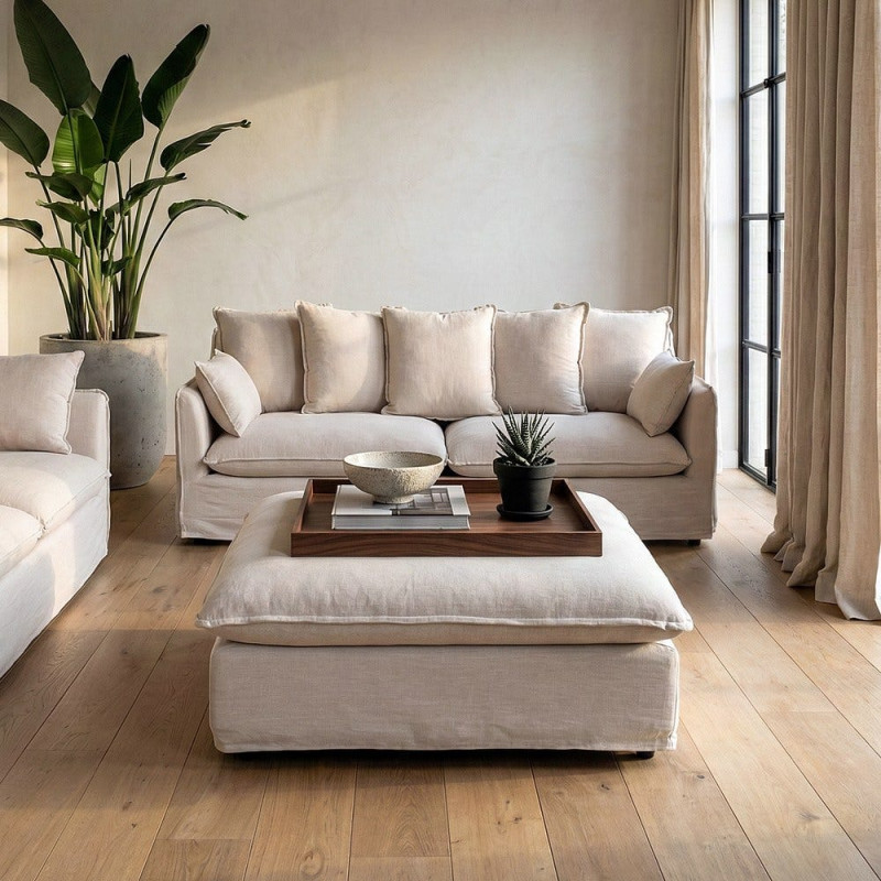 Pouf XXL beige en tissu 100x100x42 cm Neresso Ixia - 2