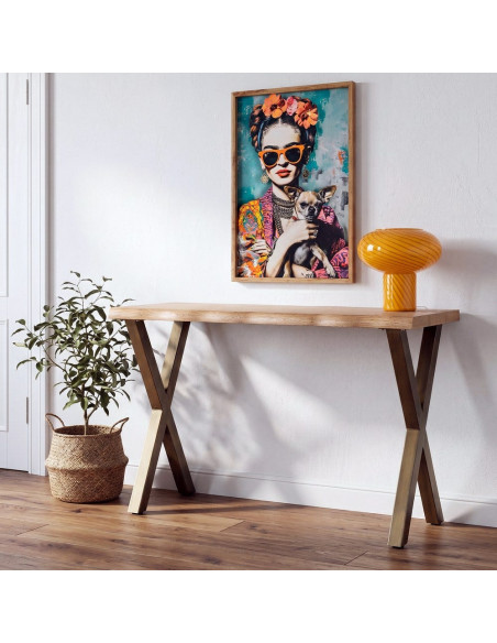 Console d’entrée MDF effet bois miel et métal bronze 110x45x79 cm Zirela Ixia - 2