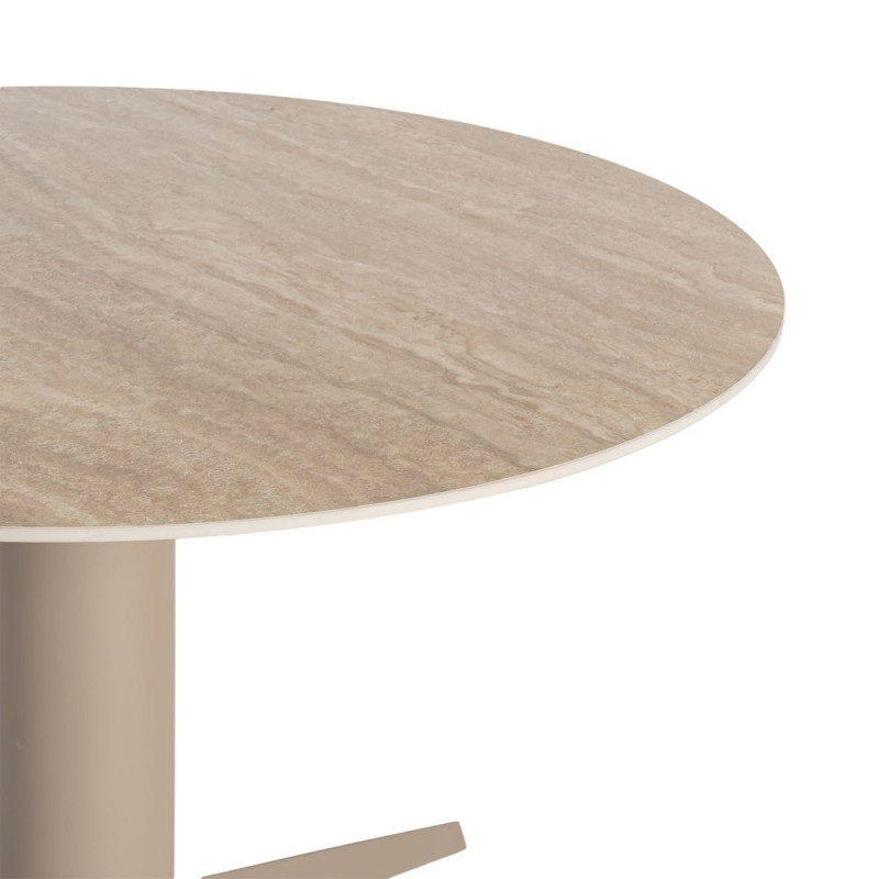 Table à manger ronde céramique effet travertin beige et métal Ø120x75 cm Gavena Ixia - 2