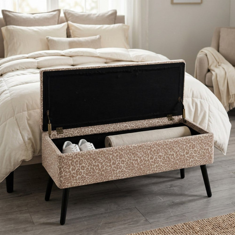 Banc coffre léopard beige en tissu 100x40x44 cm Fauva Ixia - 2