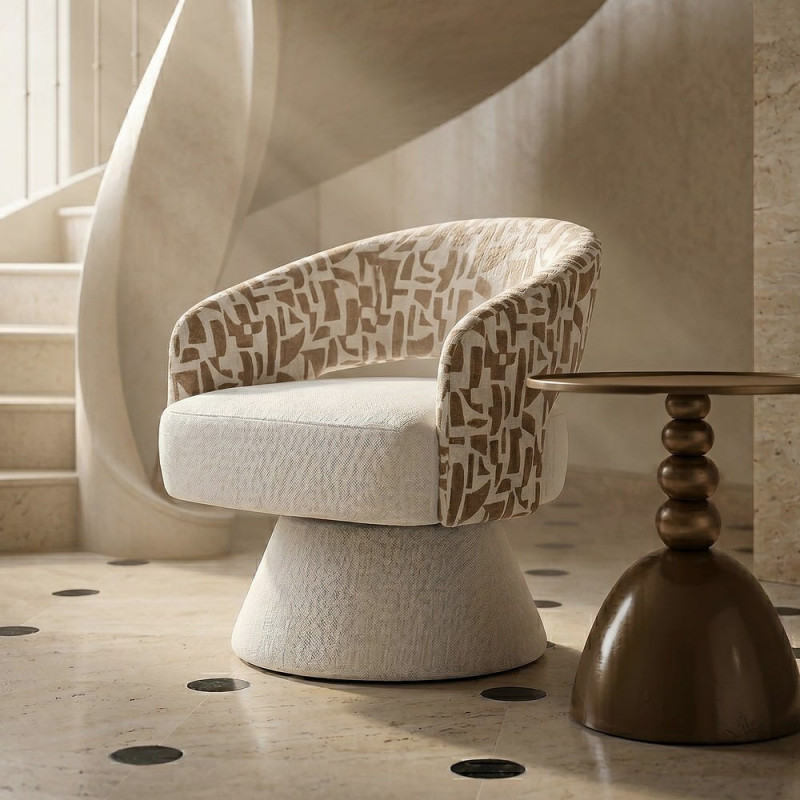 Fauteuil pivotant beige et crème en tissu 71x68x72 cm Orvya Ixia - 2
