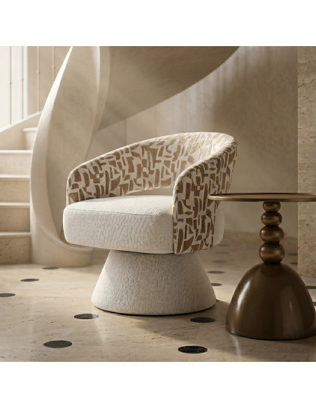 Fauteuil pivotant beige et crème en tissu 71x68x72 cm Orvya Ixia - 2