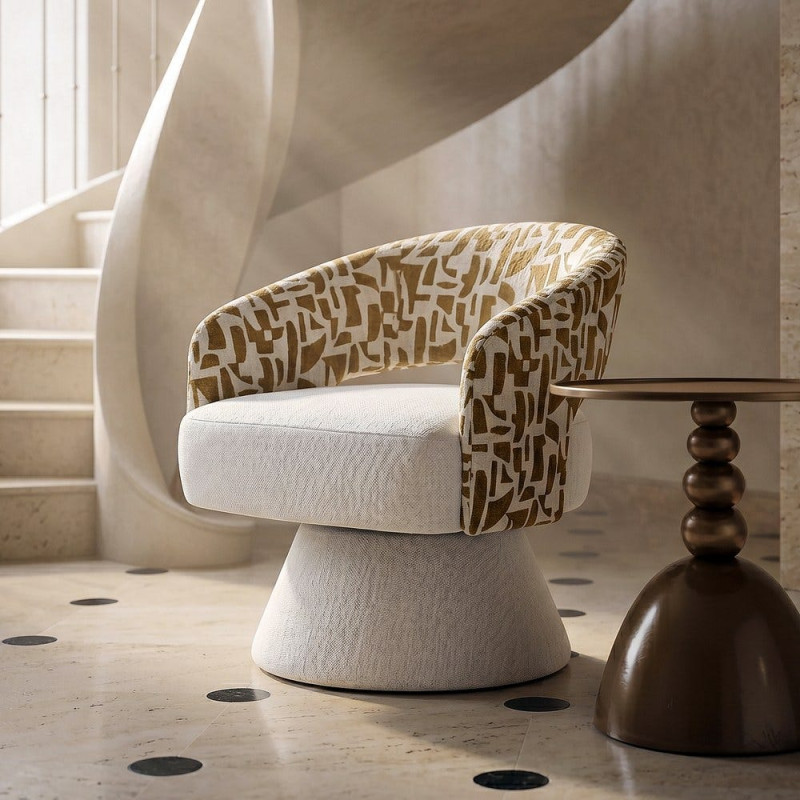 Fauteuil pivotant ocre et crème en tissu 71x68x72 cm Orvya Ixia - 2