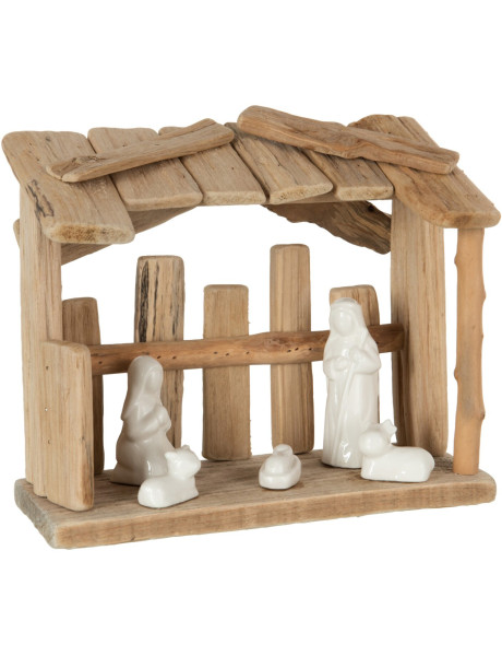 Crèche de Noël en bois naturel et céramique blanche 26x12x22 cm Ankeien J-Line - 1