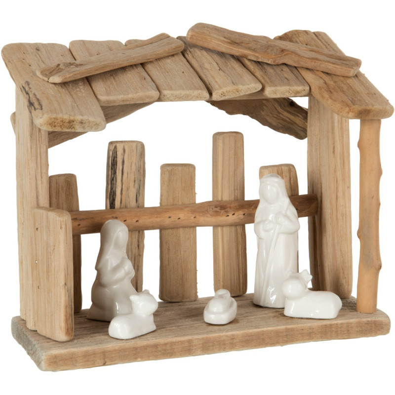 Crèche de Noël en bois naturel et céramique blanche 26x12x22 cm Ankeien J-Line - 1