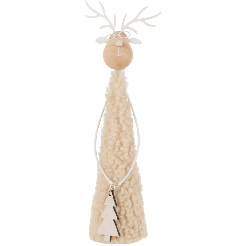 Renne de Noël beige laine, fer et paulownia 6x6x28 cm Pietven J-Line - 1