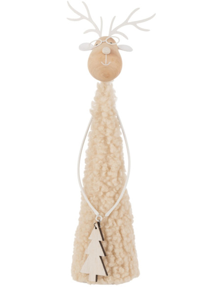 Renne de Noël beige laine, fer et paulownia 6x6x28 cm Pietven J-Line - 1